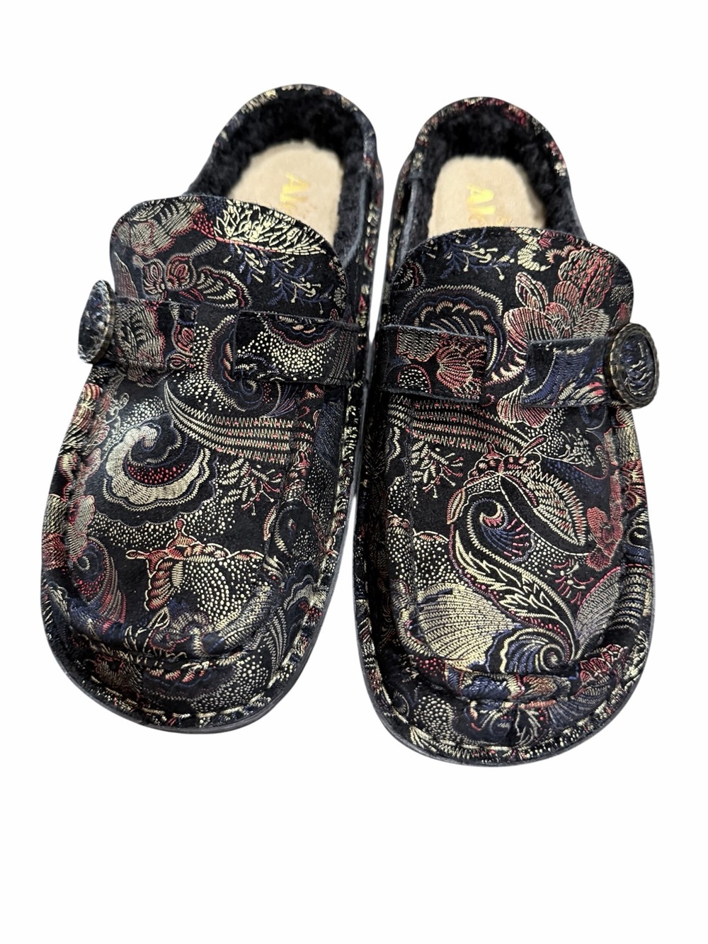 ALEGRIA Brigid Slip On Clog Golden Hour Sherpa Black Gold Size 7-7.5 - Picture 5 of 8